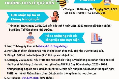 THÔNG BÁO THỜI GIAN LÀM THỦ TỤC NHẬP HỌC CỦA HS LỚP 6 NĂM HỌC 2023-2024 TRƯỜNG THCS LÊ QUÝ ĐÔN