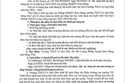 THÔNG BÁO KẾ HOẠCH TỔ CHỨC BÀI KIỂM TRA ĐÁNH GIÁ NĂNG LỰC HỌC SINH THAM DỰ TUYỂN SINH VÀO LỚP 6 TRƯỜNG THCS LÊ QUÝ ĐÔN. NĂM HỌC 2023 - 2024