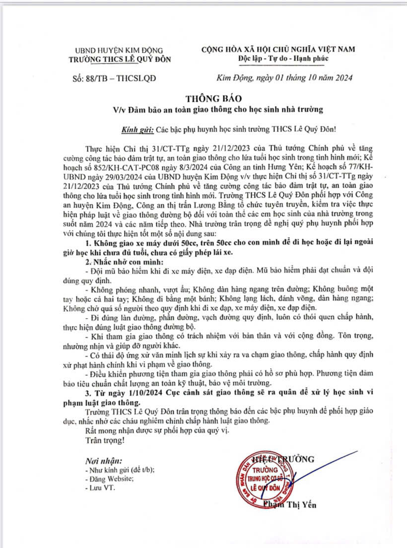 THÔNG BÁO V/v Đảm bảo an toàn giao thông cho học sinh nhà trường