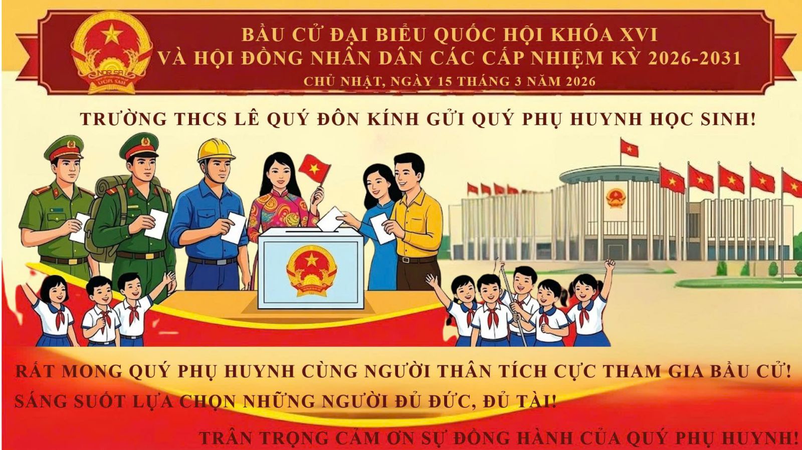 TRƯỜNG THCS LÊ QUÝ ĐÔN TÍCH CỰC  TUYÊN TRUYỀN BẦU CỬ QUỐC HỘI KHÓA XVI VÀ HỘI ĐỒNG NHÂN DÂN CÁC CẤP NHIỆM KỲ 2026 – 2031