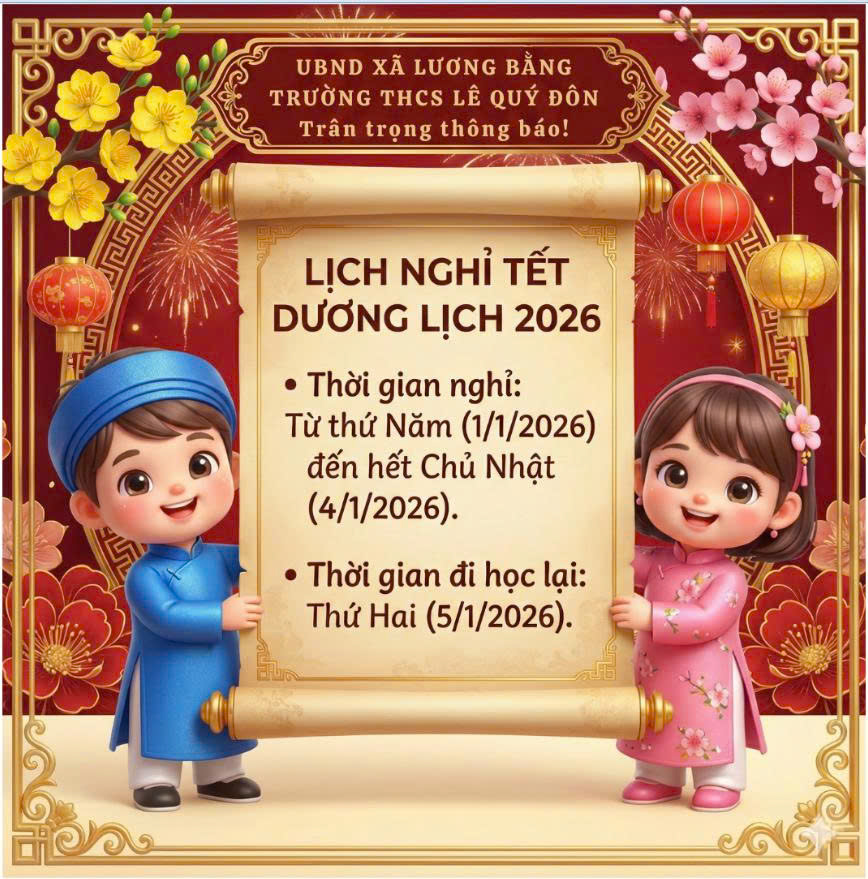 Trường THCS Lê Quý Đôn Thông báo lịch nghỉ tết Dương lịch 2026