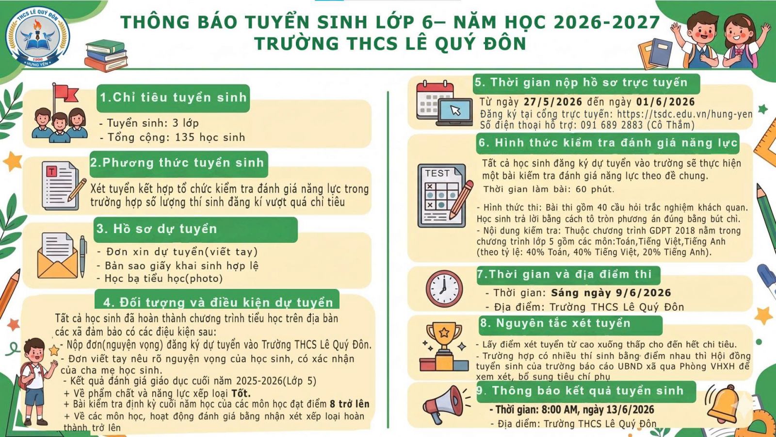 KẾ HOẠCH TUYỂN SINH LỚP 6 NĂM HỌC 2026-2027 TRƯỜNG THCS LÊ QUÝ ĐÔN