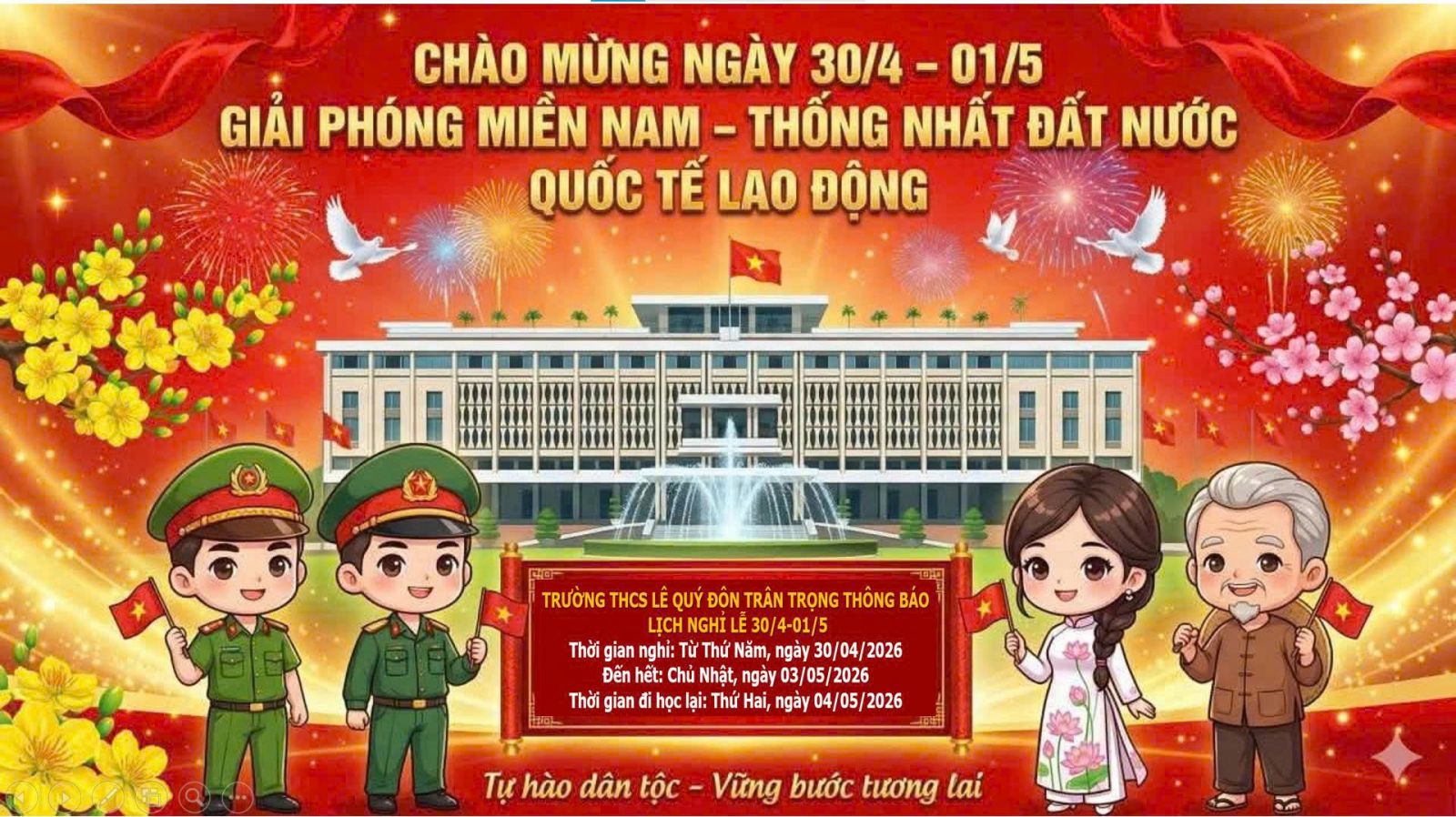 TRƯỜNG THCS LÊ QUÝ ĐÔN THÔNG BÁO LỊCH NGHỈ LỄ NGÀY CHIẾN THẮNG VÀ NGÀY QUỐC TẾ LAO ĐỘNG NĂM 2026..